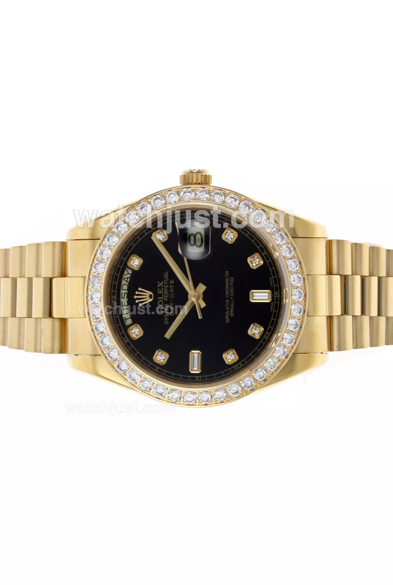 Rolex Day Date Ii Automatic Movement Full Gold Diamond Bezel And Markers With Black Dial Pant45950
