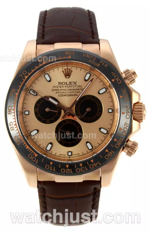 Rolex Daytona Ii Automatic Rose Gold Case Ceramic Bezel With Golden Dial Leather Strap Pant125616