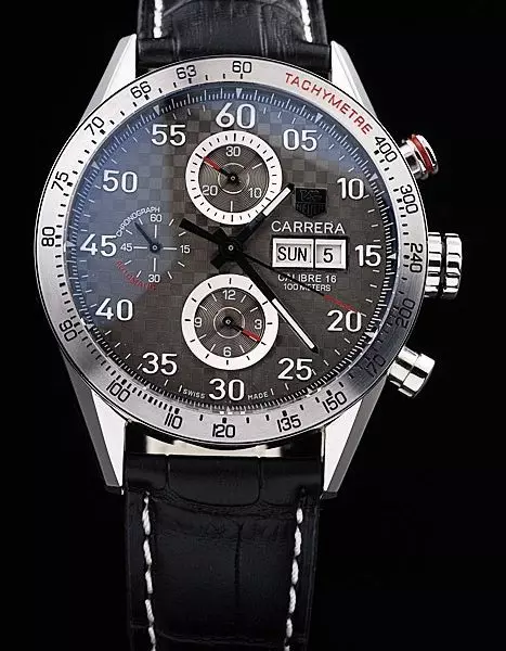 Swiss Swiss Tag Heuer Carrera Tachymeter Bezel Black Leather Strap Brown Checkered Dial Perfect Watch Tage4102