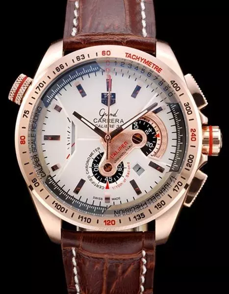 Swiss Tag Heuer Carrera Rose Gold Case White Dial Brown Leather Strap Perfect Watch Tage4121