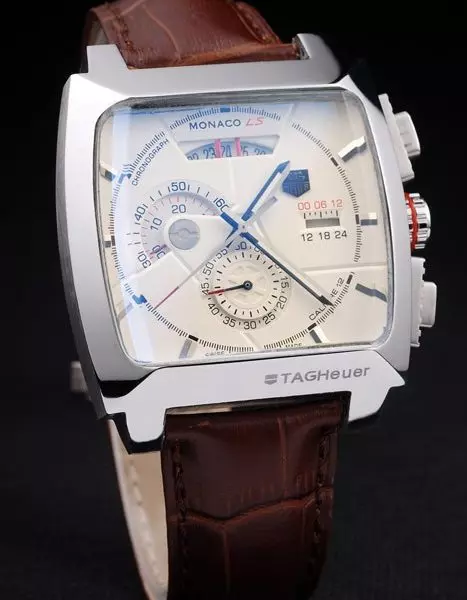 Swiss Tag Heuer Monaco Brushed Stainless Steel Case White Dial Brown Leather Strap Perfect Watch Tage4153