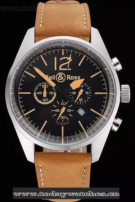 Bell And Ross Br126 Flyback Black Dial Silver Case Gold Numerals Brown Suede Leather Strap Pant121198