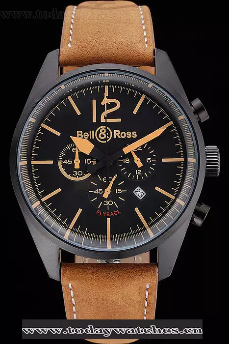 Bell And Ross Br126 Flyback Black Dial Black Case Gold Numerals Brown Suede Leather Strap Pant121201