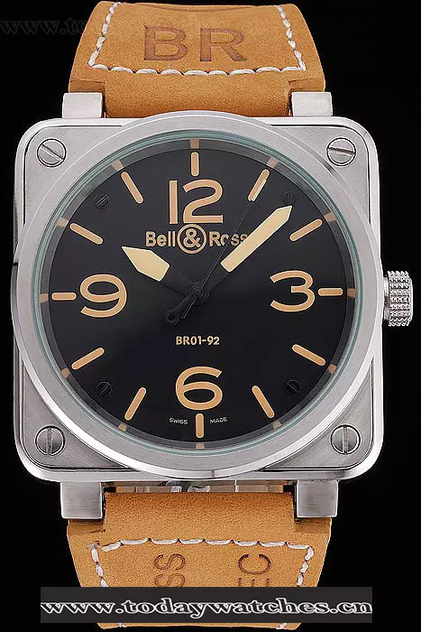 Bell And Ross Br 01 92 Black Dial Silver Case Gold Numerals Brown Leather Strap Pant121204