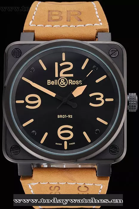 Bell And Ross Br 01 92 Black Dial Black Case Brown Leather Strap Pant121207