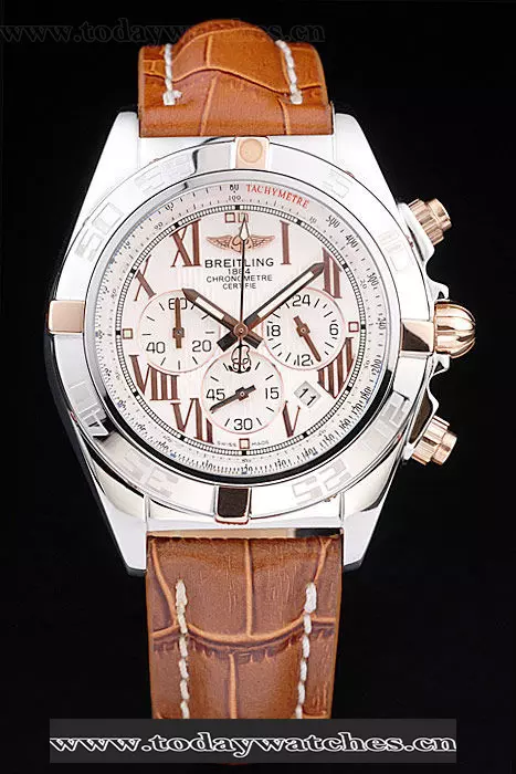 Breitling Chronomat Yellow Gold Highlight Brown Leather Strap Roman Number White Dial Pant58052