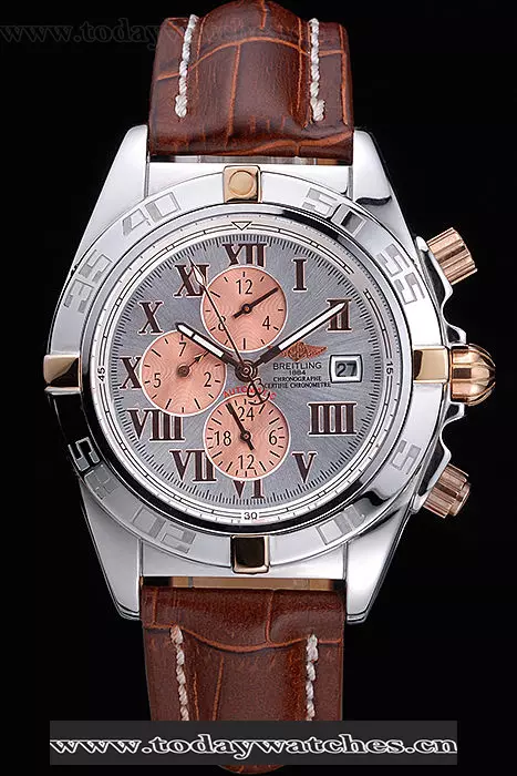 Breitling Chronomat Rose Gold Highlight Brown Leather Strap Roman Number White Dial Pant58059