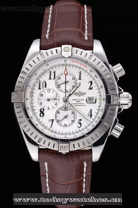 Breitling Chronomat 13 Stainless Steel Case White Dial Arabic Numerals Brown Leather Bracelet Pant60134