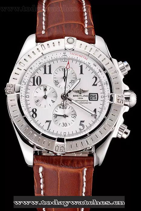 Breitling Chronomat 13 Stainless Steel Case White Dial Arabic Numerals Brown Leather Bracelet Pant118760
