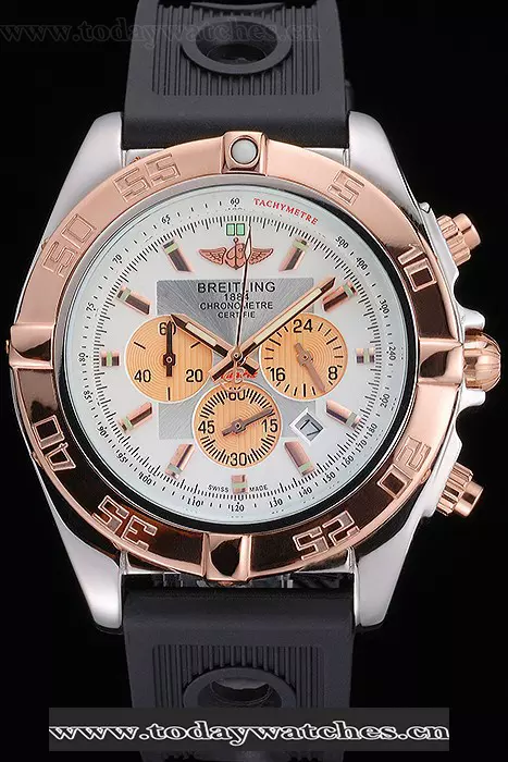 Breitling Chronomat White Dial Rose Gold Bezel And Subdials Stainless Steel Case Black Rubber Strap Pant121339