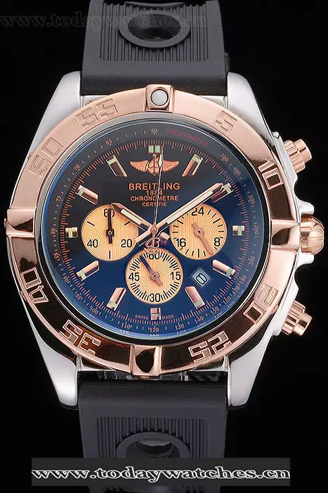 Breitling Chronomat Black Dial Rose Gold Bezel And Subdials Stainless Steel Case Black Rubber Strap Pant121340