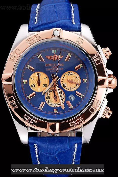 Breitling Chronomat Blue Dial Rose Gold Bezel And Subdials Stainless Steel Case Blue Leather Strap Pant121341