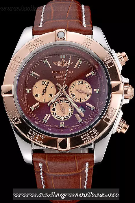 Breitling Chronomat Brown Dial Rose Gold Bezel And Subdials Stainless Steel Case Brown Leather Strap Pant121342