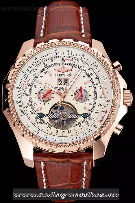 Breitling For Bentley Mulliner Tourbillon White Dial Rose Gold Case Brown Leather Strap Pant121913