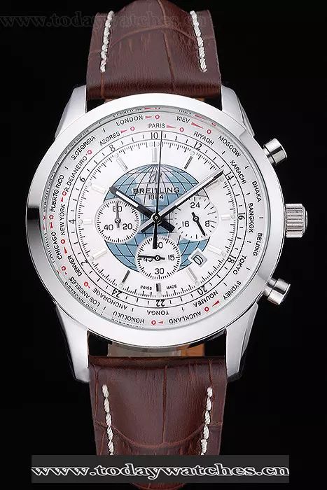 Breitling Transocean Chronograph Unitime White Dial Stainless Steel Case Brown Leather Bracelet Pant118766