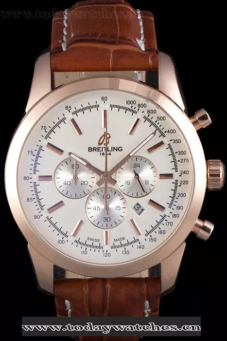Breitling Transocean White Dial Brown Leather Strap Rose Gold Bezel Pant58566