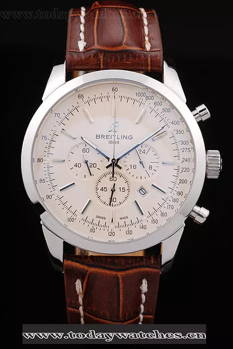 Breitling Transocean White Dial Brown Leather Strap Polished Stainless Steel Bezel Pant58567