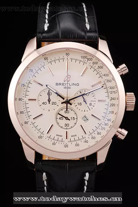 Breitling Transocean White Dial Black Leather Strap Rose Gold Bezel Pant58572