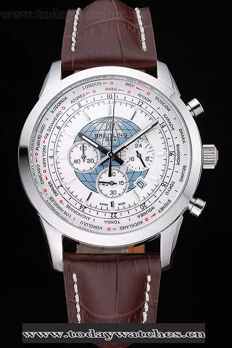 Breitling Transocean Chronograph Unitime White Dial Stainless Steel Case Brown Leather Bracelet Pant60140