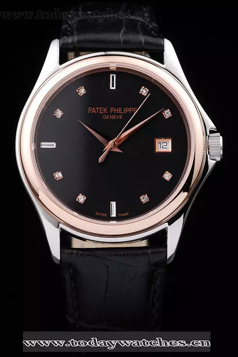 Patek Philippe Geneve Calatrava Crystal Studded Hour Marker Black Dial Black Leather Strap Pant58228