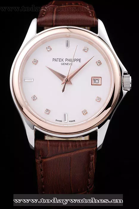 Patek Philippe Geneve Calatrava Crystal Studded Hour Marker White Dial Brown Leather Strap Pant58229