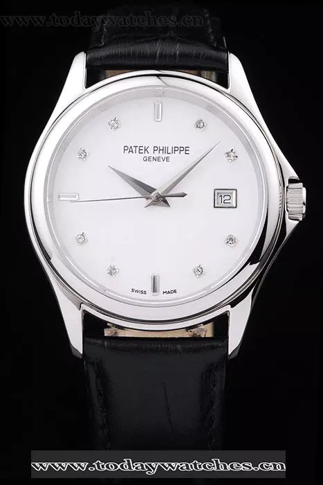Patek Philippe Geneve Calatrava Crystal Studded Hour Marker White Dial Black Leather Strap Pant58230