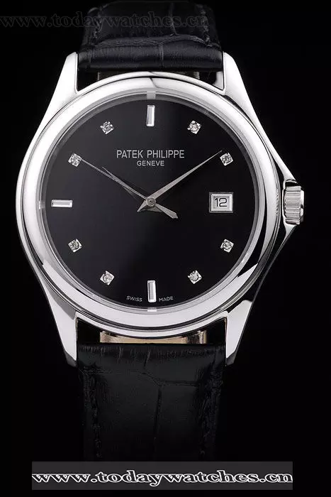 Patek Philippe Geneve Calatrava Crystal Studded Hour Marker Black Dial Black Leather Strap Pant58231