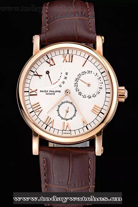 Patek Philippe Geneve Complications White Dial Rose Gold Bezel Brown Leather Band Pant60043