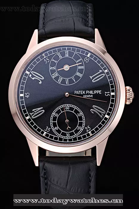 Patek Philippe Geneve Two Dial Black Dial Rose Gold Bezel Black Leather Band Pant60045