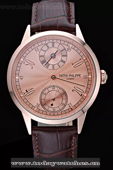 Patek Philippe Geneve Two Dial Rose Dial Rose Gold Bezel Brown Leather Band Pant60048