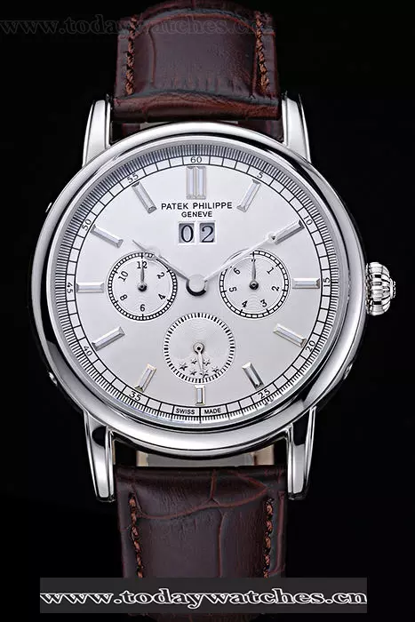 Patek Philippe Geneve Grand Complications White Dial Stainless Steel Bezel Brown Leather Band Pant60050