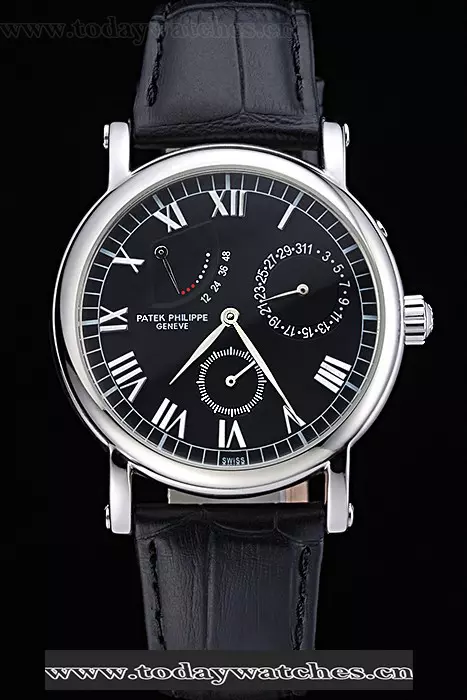 Patek Philippe Geneve Complications Black Dial Stainless Steel Bezel Black Leather Band Pant118592