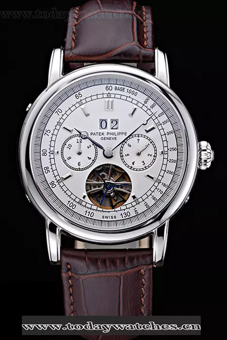 Patek Philippe Geneve Grand Complications White Dial Tourbillon Stainless Steel Bezel Brown Band Pant118605