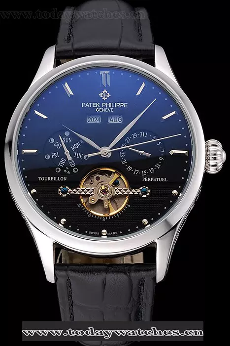 Patek Philippe Day Date Tourbillon Black Dial Stainless Steel Case Black Leather Strap Pant120812