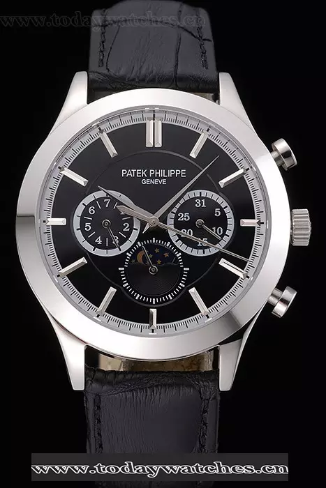 Patek Philippe Moonphase Black Dial Stainless Steel Case Black Leather Strap Pant120815