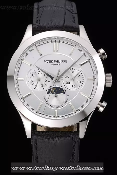 Patek Philippe Moonphase White Dial Stainless Steel Case Black Leather Strap Pant120817