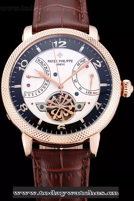 Patek Philippe Classic Tourbillon Power Reserve Black And White Dial Rose Gold Case Brown Leather Strap Pant121076