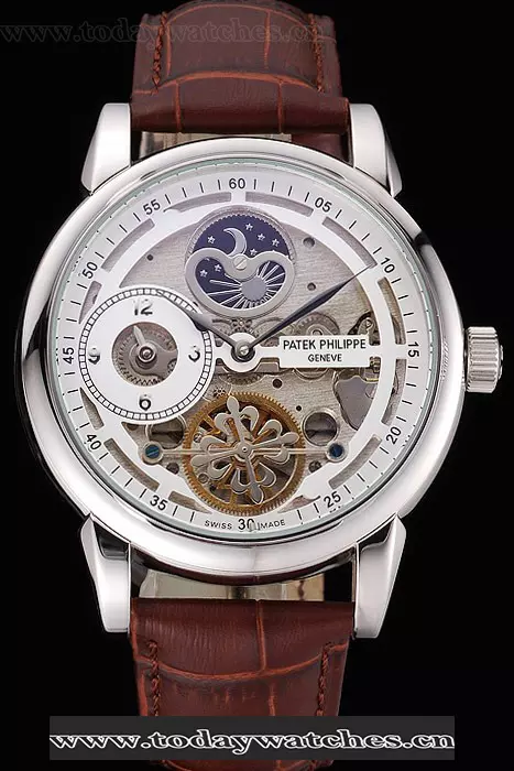 Patek Philippe Dual Time Moonphase Tourbillon White Skeletonised Dial Stainless Steel Case Brown Leather Strap Pant121078