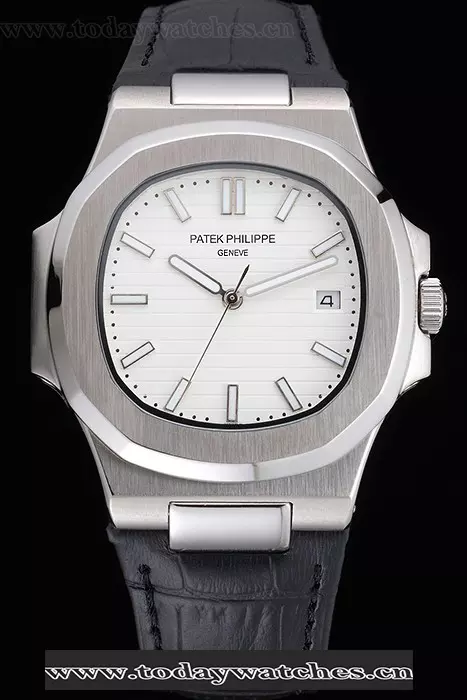 Patek Philippe Nautilus White Dial Brushed Stainless Steel Case Black Leather Strap Pant121409