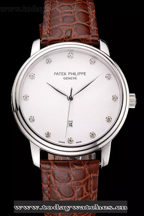 Patek Philippe Calatrava Date White Dial Stainless Steel Case Brown Leather Strap Pant121949