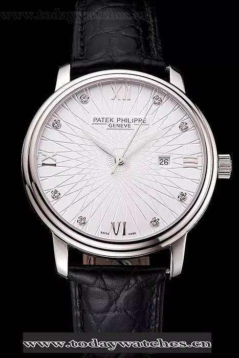 Patek Philippe Calatrava Date White Embossed Dial Stainless Steel Case Black Leather Strap Pant121953
