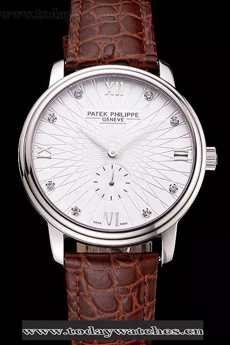 Patek Philippe Calatrava Date White Embossed Dial Stainless Steel Case Brown Leather Strap Pant121954