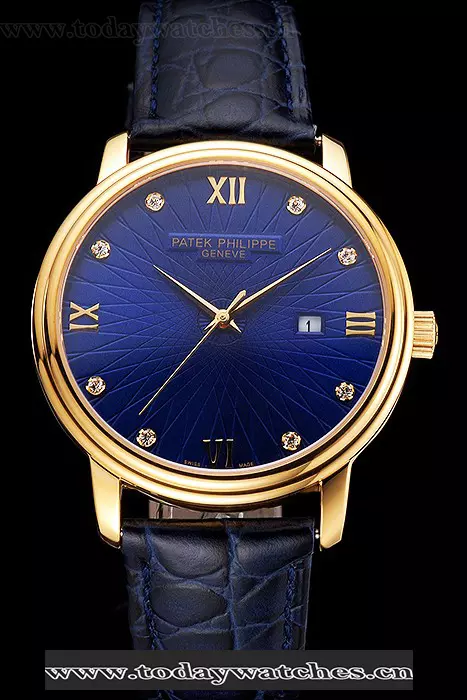 Patek Philippe Calatrava Date Blue Embossed Dial Gold Case Blue Leather Strap Pant121956