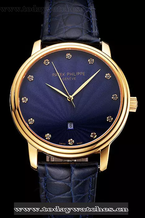 Patek Philippe Calatrava Date Blue Guilloche Dial Gold Case Blue Leather Strap Pant121958