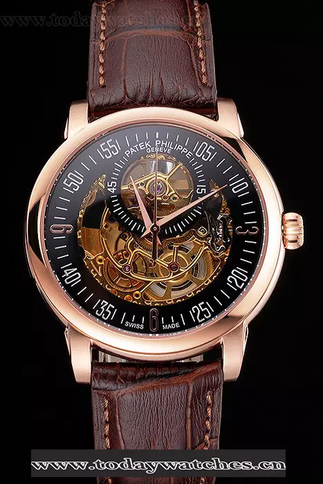 Patek Philippe Complications Openworked Dial Rose Gold Case Brown Leather Strap Pant122003