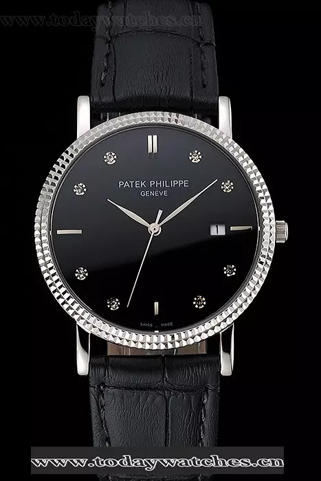 Patek Philippe Calatrava Black Dial Diamond Hour Marks Ribbed Bezel Stainless Steel Case Black Leather Strap Pant122468
