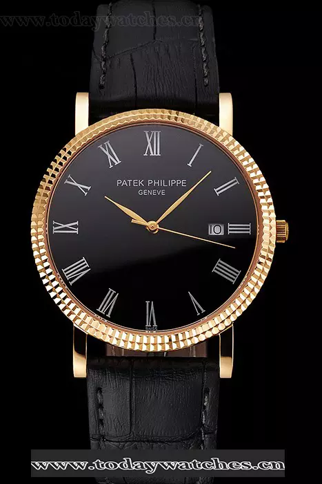 Patek Philippe Calatrava Black Dial Roman Numerals Ribbed Bezel Gold Case Black Leather Strap Pant122473
