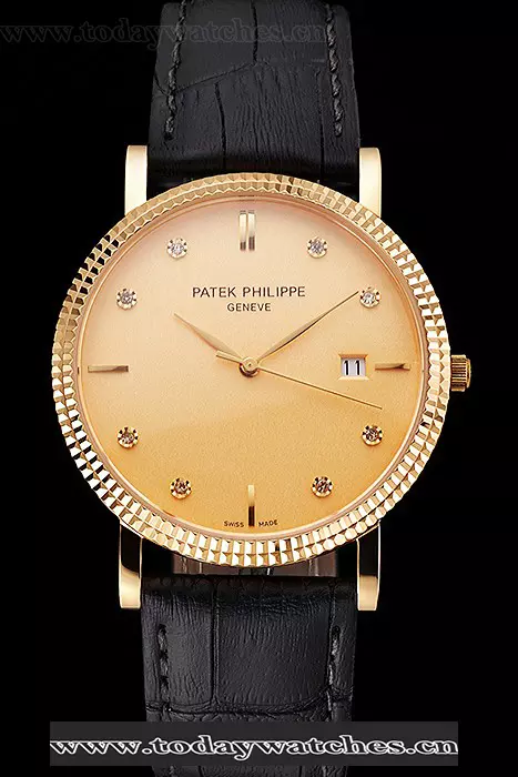 Patek Philippe Calatrava Gold Dial Diamond Hour Marks Ribbed Bezel Gold Case Black Leather Strap Pant122476