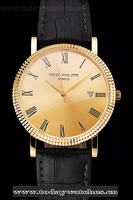 Patek Philippe Calatrava Gold Dial Roman Numerals Ribbed Bezel Gold Case Black Leather Strap Pant122479