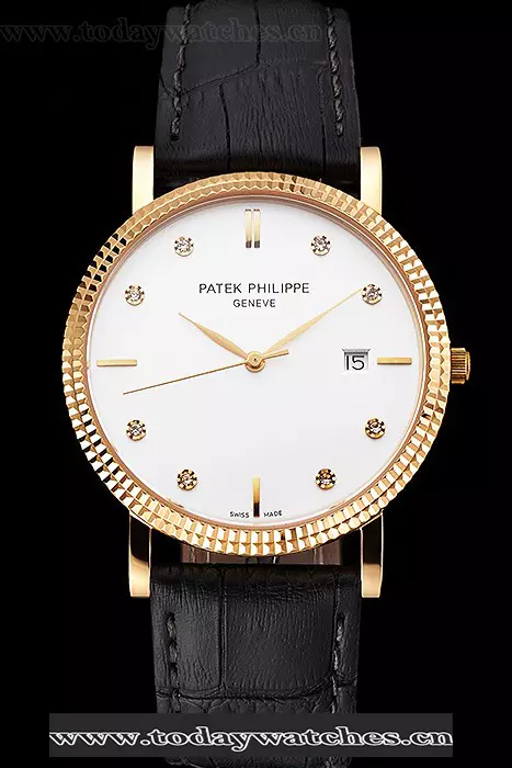 Patek Philippe Calatrava White Dial Diamond Hour Marks Ribbed Bezel Gold Case Black Leather Strap Pant122482